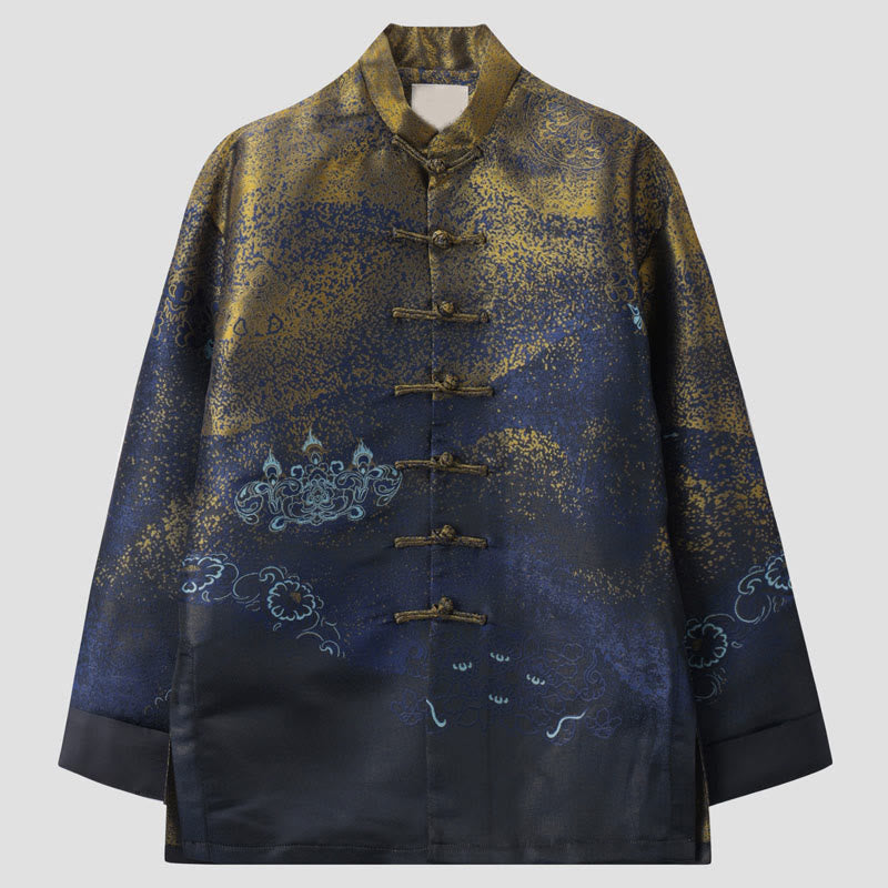 Buddha Stones Golden Desert Blue Flowers Frog-Button Long Sleeve Men's Jacket With Pockets - SteelBlue - US/UK/AU44,EU54 (4XL) - image 0
