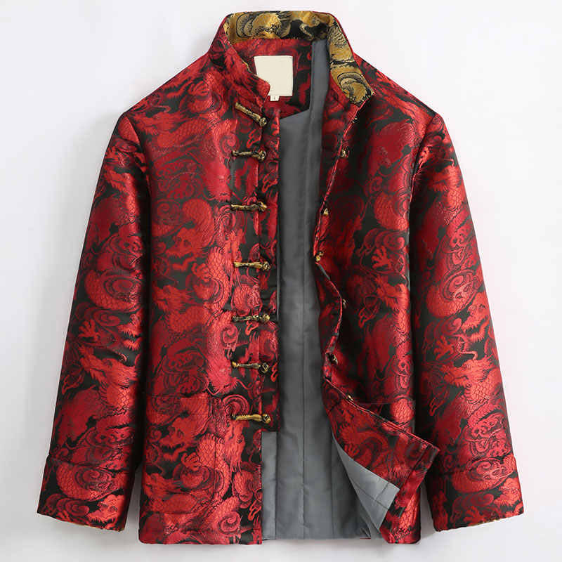 Buddha Stones Winter Dragon Jacquard Warm Frog-Button Long Sleeve Men's Jacket With Pockets - Red - US/UK/AU44,EU54 (4XL) - image 13
