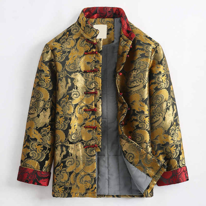 Buddha Stones Winter Dragon Jacquard Warm Frog-Button Long Sleeve Men's Jacket With Pockets - Goldenrod - US/UK/AU44,EU54 (4XL) - image 0