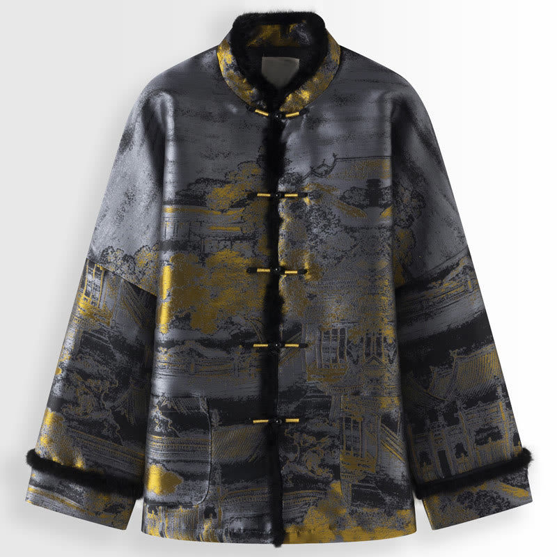 Buddha Stones Ancient Buildings Trees Frog-Button Long Sleeve Men's Jacket With Pockets - Gray - US/UK/AU44,EU54 (4XL) - image 0