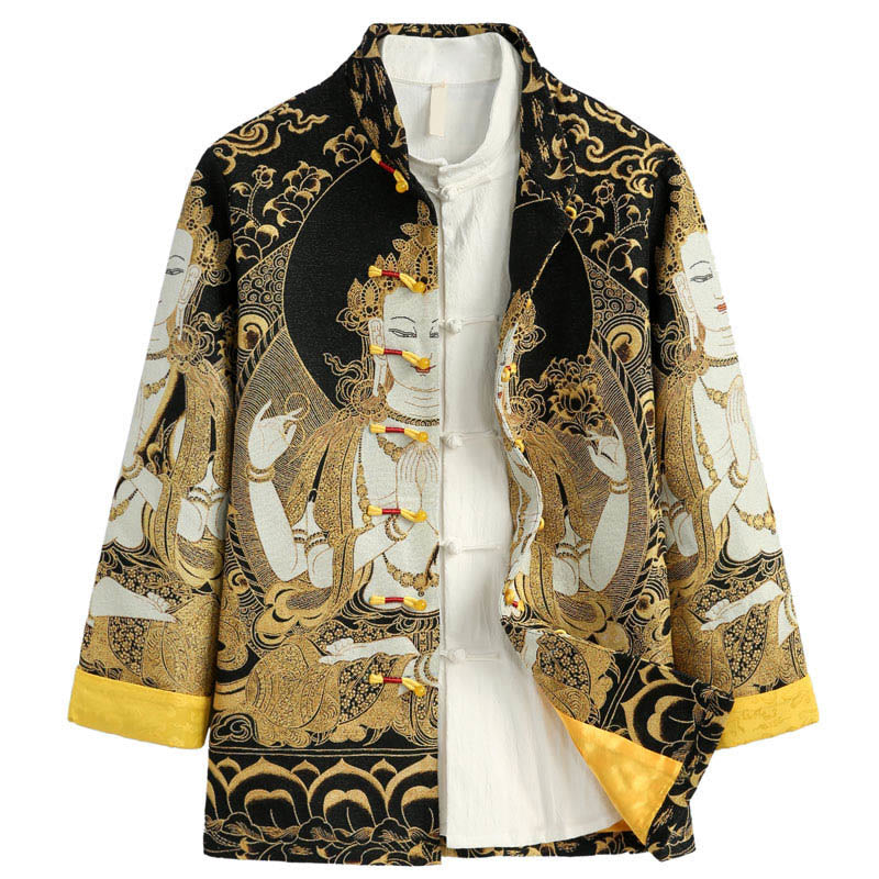 Buddha Stones Avalokitesvara Guanyin Frog-Button Long Sleeve Men's Jacket - Linen - US/UK/AU44,EU54 (4XL) - image 0