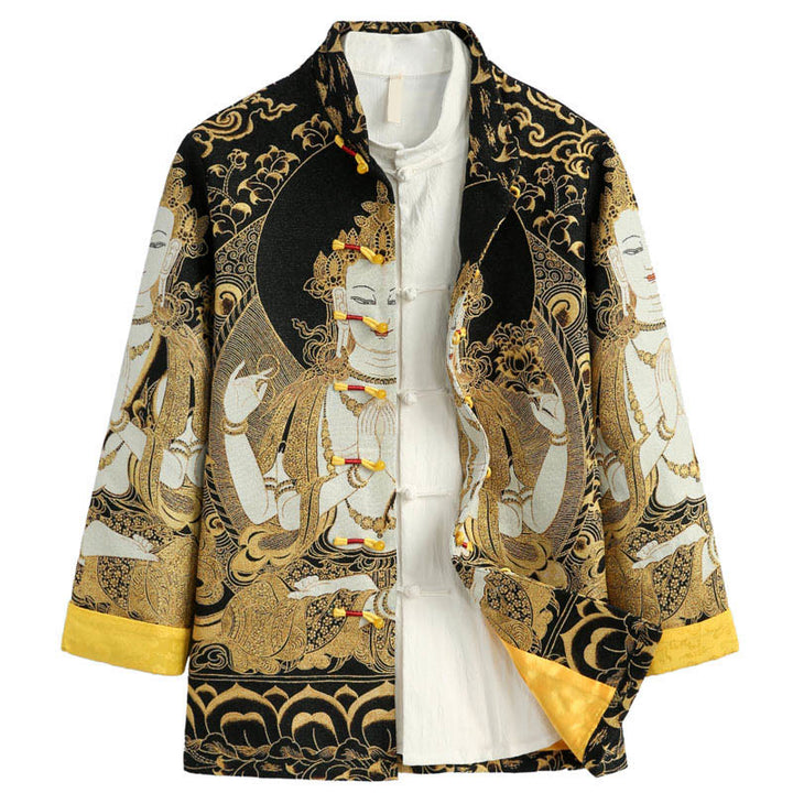 Buddha Stones Avalokitesvara Guanyin Frog-Button Long Sleeve Men's Jacket - Linen - US/UK/AU44,EU54 (4XL) - image 0