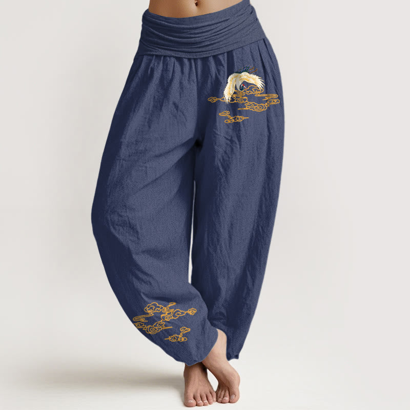 Buddha Stones Plain Crane Auspicious Clouds Pattern Women's Elastic Waist Harem Cotton Pants - DarkSlateBlue - US22,UK/AU26,EU54 (6XL) - image 8