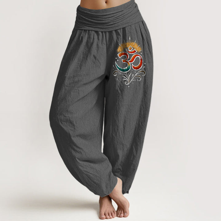 Buddha Stones Om Symbol Light Pattern Women's Elastic Waist Harem Cotton Pants - DimGray - US22,UK/AU26,EU54 (6XL) - image 11