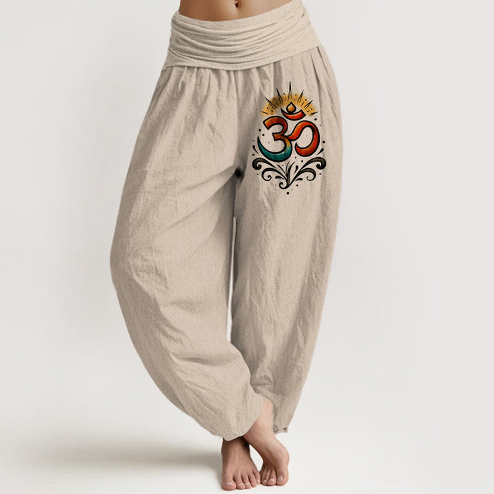 Buddha Stones Om Symbol Light Pattern Women's Elastic Waist Harem Cotton Pants - Tan - US22,UK/AU26,EU54 (6XL) - image 0