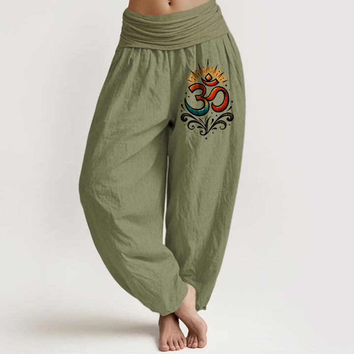 Buddha Stones Om Symbol Light Pattern Women's Elastic Waist Harem Cotton Pants - OliveDrab - US22,UK/AU26,EU54 (6XL) - image 14