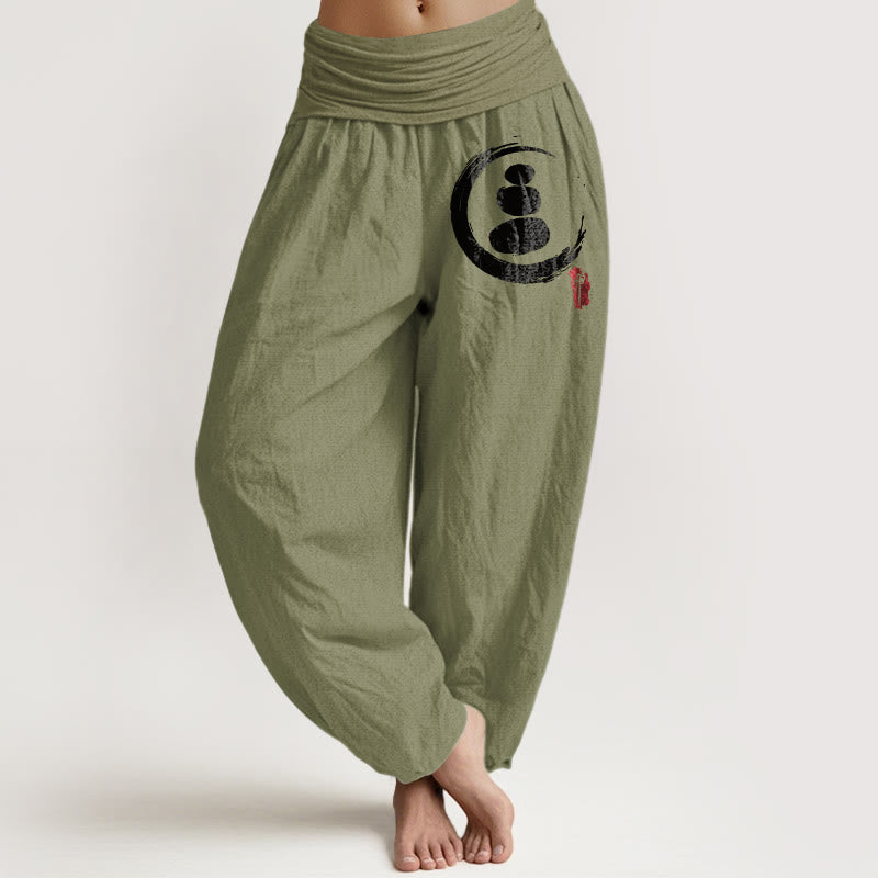 Buddha Stones Ensō Circle Stacked Stones Pattern Women's Elastic Waist Harem Cotton Pants - OliveDrab - US22,UK/AU26,EU54 (6XL) - image 0