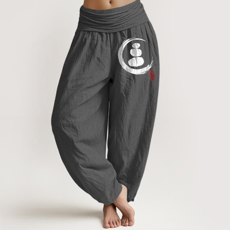 Buddha Stones Ensō Circle Stacked Stones Pattern Women's Elastic Waist Harem Cotton Pants - DimGray - US22,UK/AU26,EU54 (6XL) - image 11