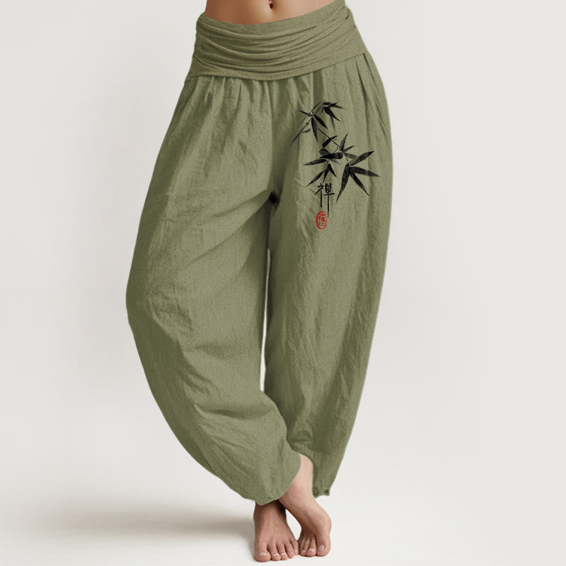 Buddha Stones Pure Cotton Bamboo Zen Pattern Women's Elastic Waist Harem Pants - OliveDrab - US22,UK/AU26,EU54 (6XL) - image 14