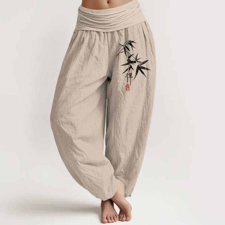 Buddha Stones Pure Cotton Bamboo Zen Pattern Women's Elastic Waist Harem Pants - Tan - US22,UK/AU26,EU54 (6XL) - image 0