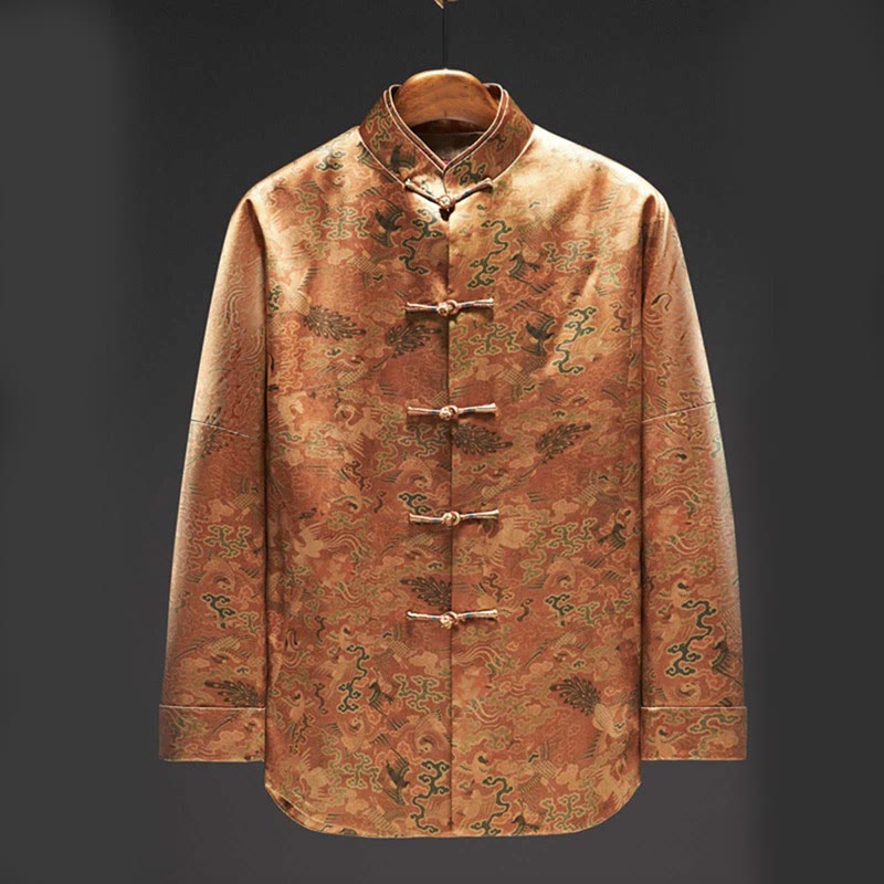 Buddha Stones 100% Mulberry Silk 30 Momme Phoenix Auspicious Clouds Long Sleeve Men's Jacket - Goldenrod - US/UK/AU44,EU54 (4XL) - image 0