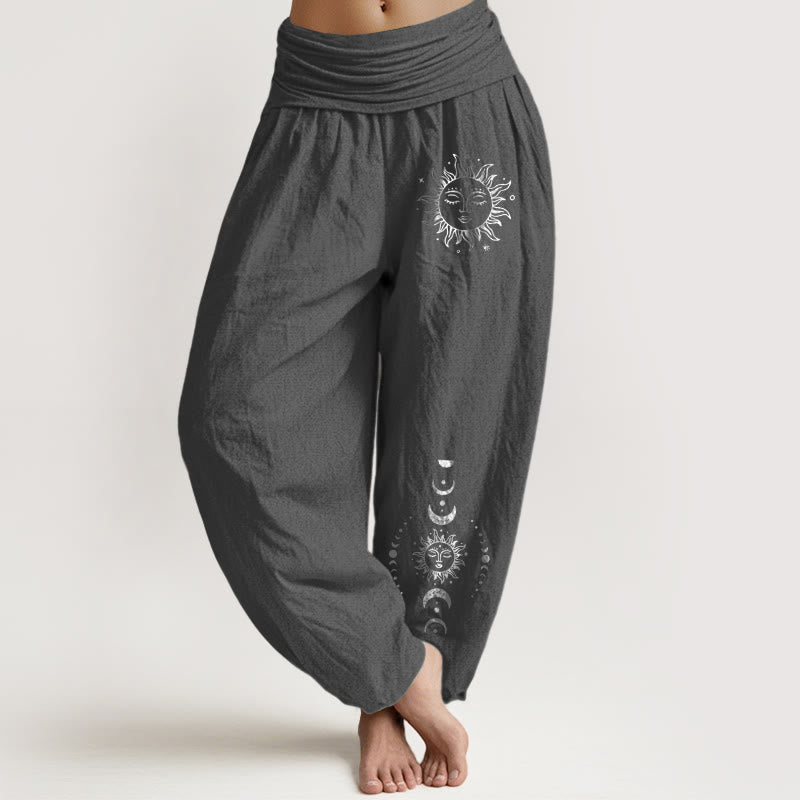 Buddha Stones Sun Moon Stars Pattern Women's Elastic Waist Harem Pure Cotton Pants - DimGray - US22,UK/AU26,EU54 (6XL) - image 0