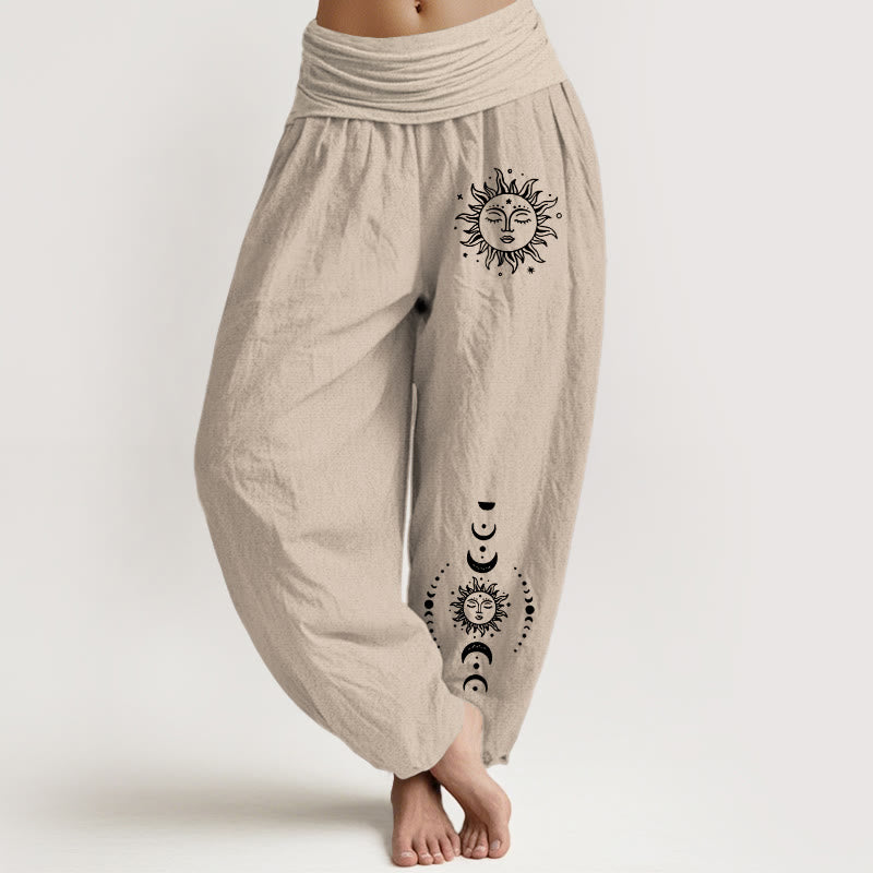 Buddha Stones Sun Moon Stars Pattern Women's Elastic Waist Harem Pure Cotton Pants - Tan - US22,UK/AU26,EU54 (6XL) - image 11