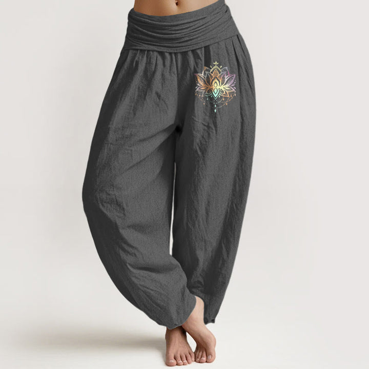 Buddha Stones Pure Cotton Rainbow-colored Lotus Pattern Women's Elastic Waist Harem Pants - DimGray - US22,UK/AU26,EU54 (6XL) - image 8