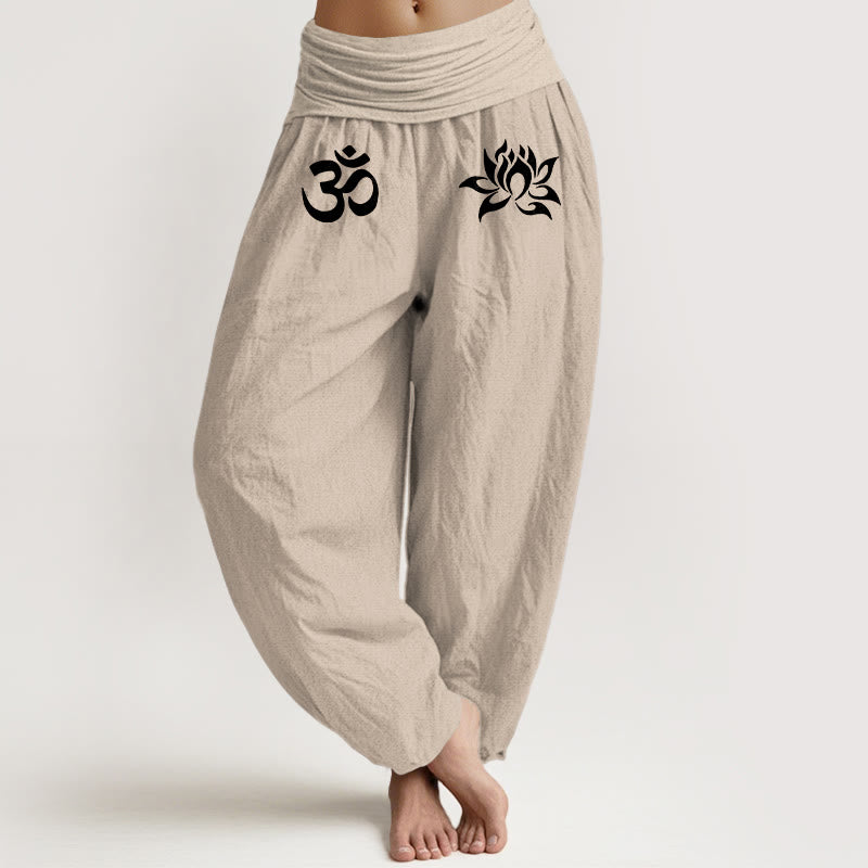 Buddha Stones Solid Color Pure Cotton Lotus Om Symbol Pattern Women's Elastic Waist Harem Pants - Tan - US22,UK/AU26,EU54 (6XL) - image 11