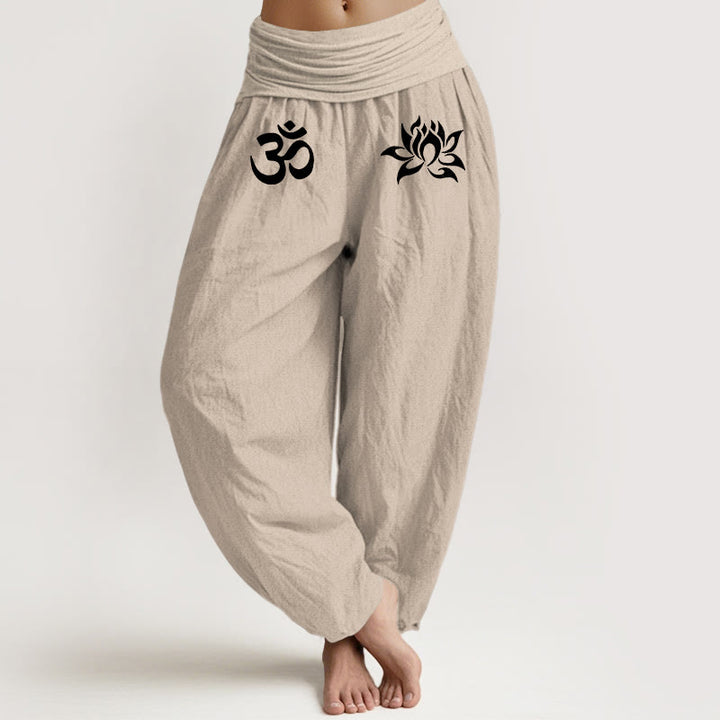 Buddha Stones Solid Color Pure Cotton Lotus Om Symbol Pattern Women's Elastic Waist Harem Pants - Tan - US22,UK/AU26,EU54 (6XL) - image 11