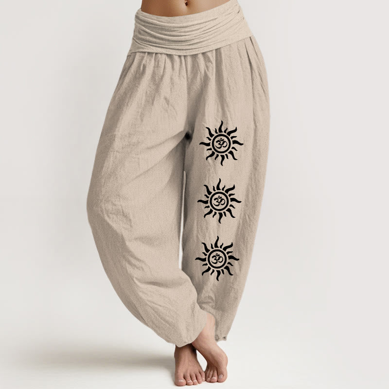 Buddha Stones Solid Color Pure Cotton Sun Om Symbol Pattern Women's Elastic Waist Harem Pants - Tan - US22,UK/AU26,EU54 (6XL) - image 14