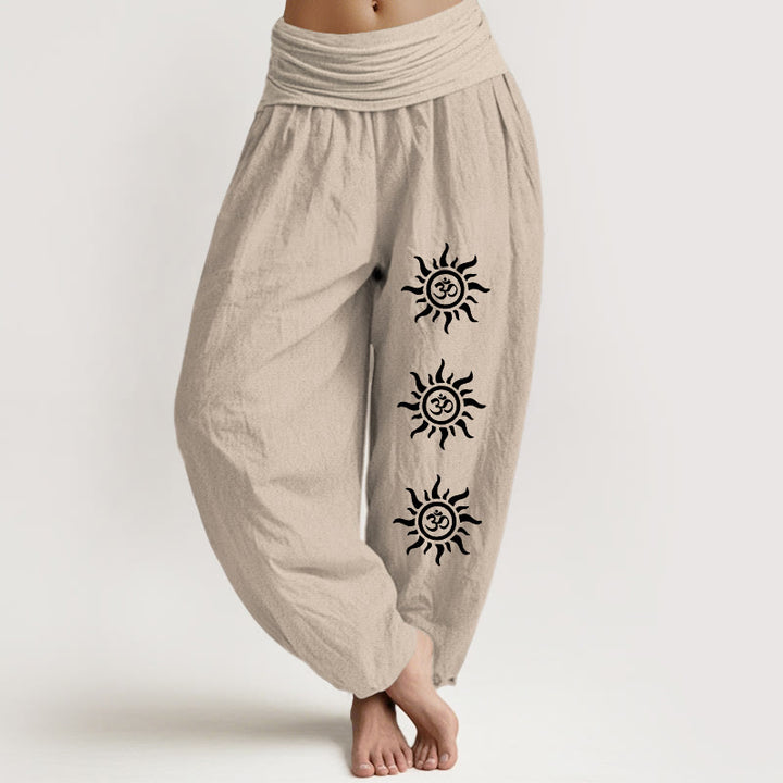 Buddha Stones Solid Color Pure Cotton Sun Om Symbol Pattern Women's Elastic Waist Harem Pants - Tan - US22,UK/AU26,EU54 (6XL) - image 14