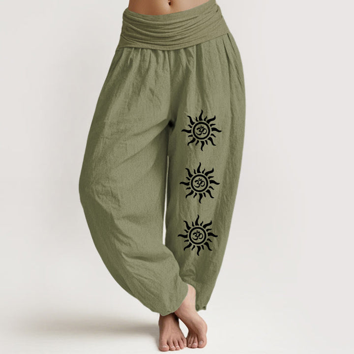 Buddha Stones Solid Color Pure Cotton Sun Om Symbol Pattern Women's Elastic Waist Harem Pants - OliveDrab - US22,UK/AU26,EU54 (6XL) - image 0