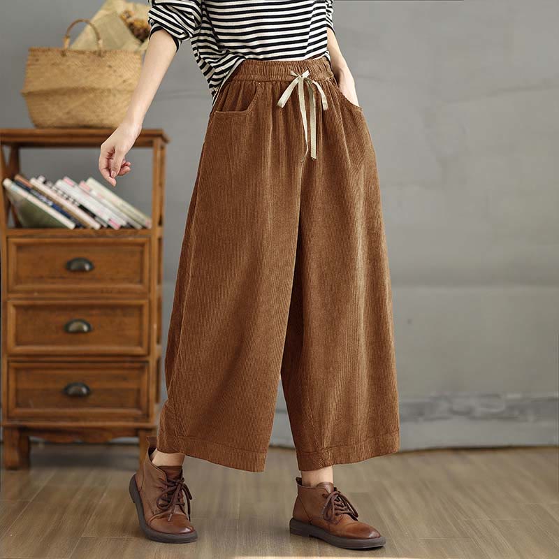 Buddha Stones Women's Color Contrast Drawstring Design Corduroy Pants With Pockets - DarkGoldenrod - US8-10,UK/AU12-14,EU40-42 (2XL) - image 0