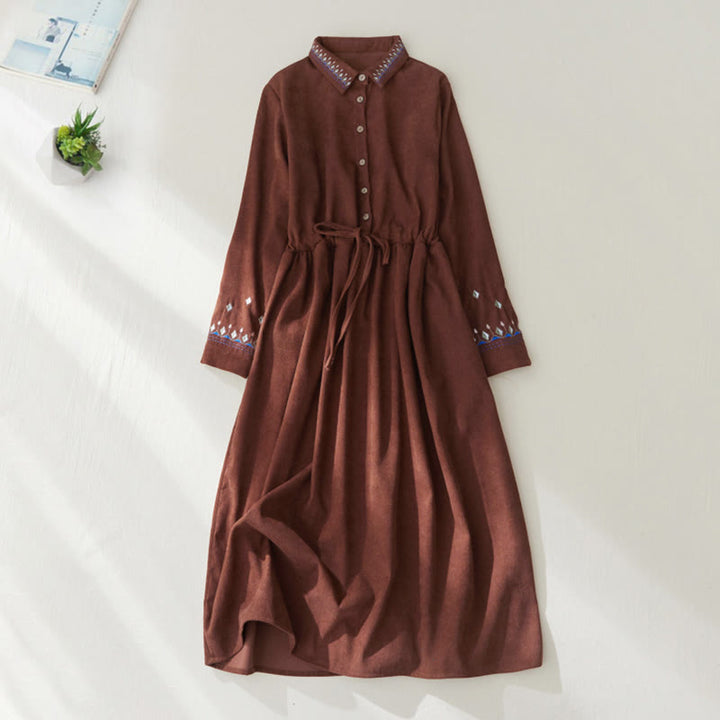 Buddha Stones Embroiderd Floral Pattern Lace -up Design Long Sleeve Midi Dress With Pockets - Sienna - US8-10,UK/AU12-14,EU40-42 (2XL) - image 0