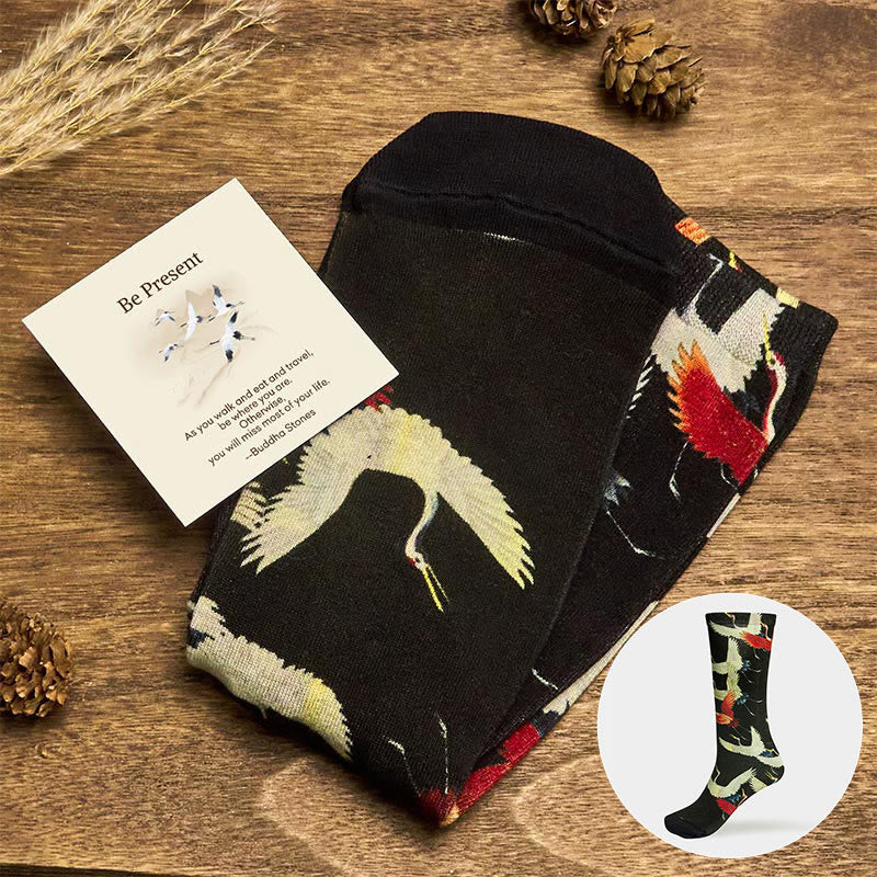 Buddha Stones "Be Present" Casual White Red Cranes Men Women Unisex Socks Includes Gift Message Card - Black - One Size Fits Most (US 5-12,EU 37-45,UK/AU 4.5-11.5,AISA 23.5-28.5cm) - Standard Gift Box - image 0
