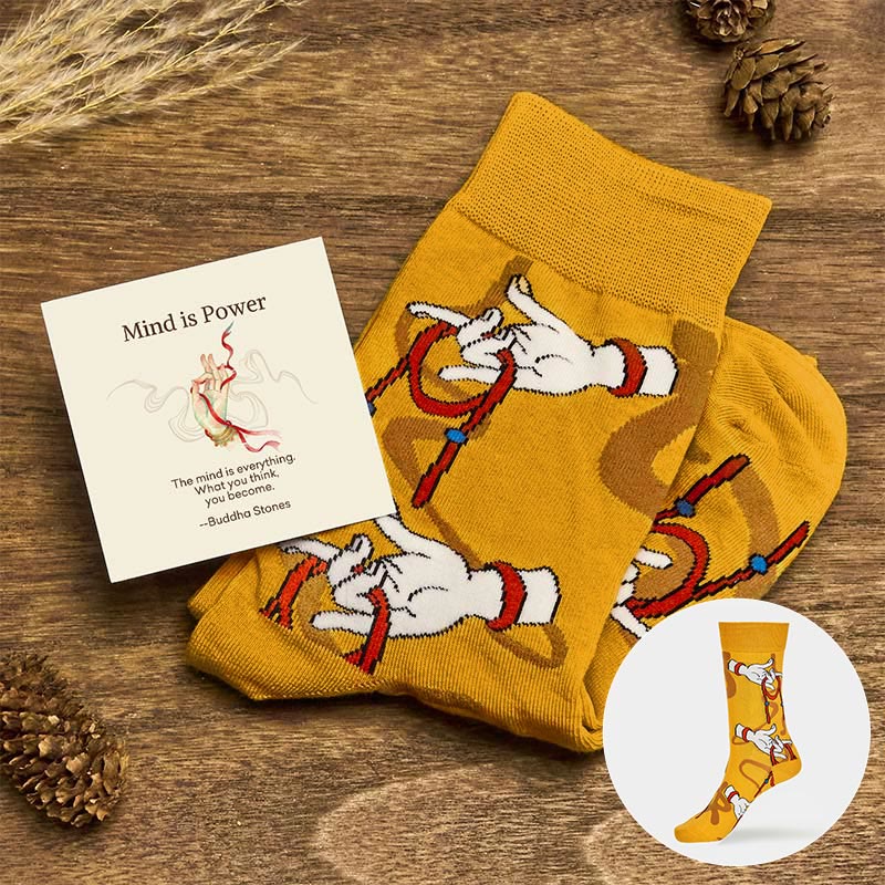 Buddha Stones "Mind is Power" Casual Buddha Hand Micro Crew Women's Socks Includes Gift Message Card - Gold - S(US 4.5-8.5,EU 35-39,UK/AU 2.5-6,AISA 22.5-25cm) - Standard Gift Box - image 0