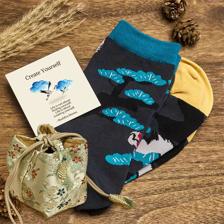 Buddha Stones "Create Yourself" White Crane Pine Tree Women's Socks Includes Gift Message Card - Black - S-M (US 5.5-11.5,EU 36–42,UK/AU 3.5-9,Asia 23–26.5 cm) - Deluxe Gift Bag (+$12.59) - image 7