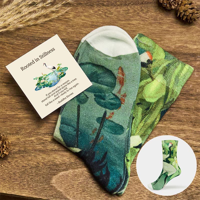 Buddha Stones "Rooted in Stillness" Crane Lotus Koi Fish Women's Socks Includes Gift Message Card - MediumAquamarine - S (US 4.5-7,EU 35-38,UK/AU 2.5-4.5,AISA 22.5-24.5cm) - Standard Gift Box - image 0