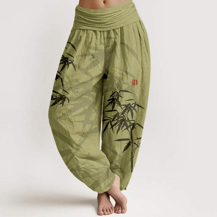 Buddha Stones Print Pure Cotton Bamboo Leaves Pattern Women's Elastic Waist Harem Pants - YellowGreen - US16,UK/AU20,EU48 (3XL) - image 0