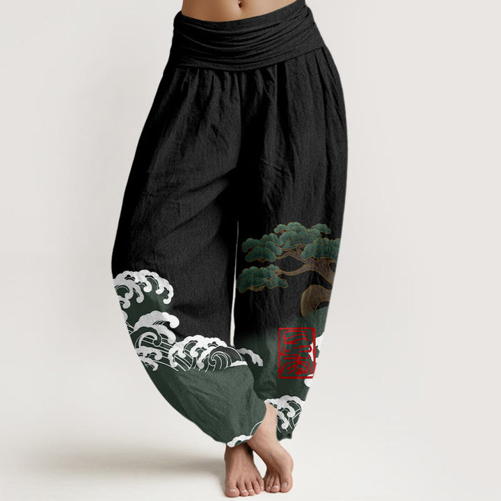 Buddha Stones Print Pure Cotton Pine Tree Rolling Waves Pattern Women's Elastic Waist Harem Pants - Black - US16,UK/AU20,EU48 (3XL) - image 0