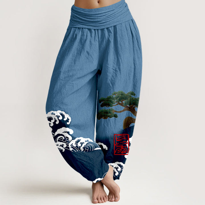 Buddha Stones Print Pure Cotton Pine Tree Rolling Waves Pattern Women's Elastic Waist Harem Pants - SteelBlue - US16,UK/AU20,EU48 (3XL) - image 5