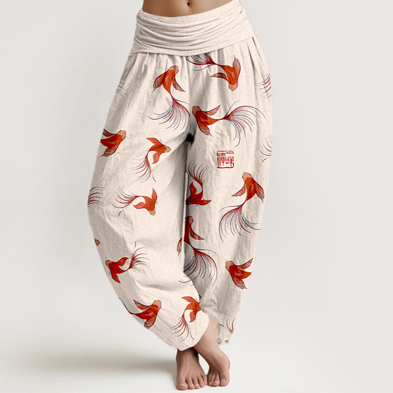 Buddha Stones Print Pure Cotton Koi Fish Pattern Women's Elastic Waist Harem Pants - PapayaWhip - US16,UK/AU20,EU48 (3XL) - image 0