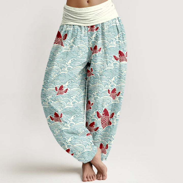 Buddha Stones Print Koi Fishes Waves Pattern Women's Elastic Waist Harem Pure Cotton Pants - LightCyan - US16,UK/AU20,EU48 (3XL) - image 0