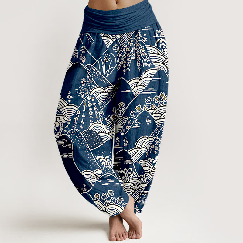 Buddha Stones Printed Mountains Waves Floral Pattern Women's Elastic Waist Harem Pure Cotton Pants - MidnightBlue - US16,UK/AU20,EU48 (3XL) - image 0