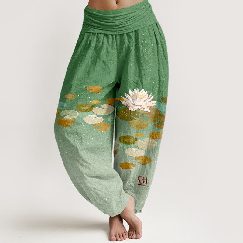 Buddha Stones Printed White Lotus Leaves Pattern Women's Elastic Waist Harem Pure Cotton Pants - MediumSeaGreen - US16,UK/AU20,EU48 (3XL) - image 0