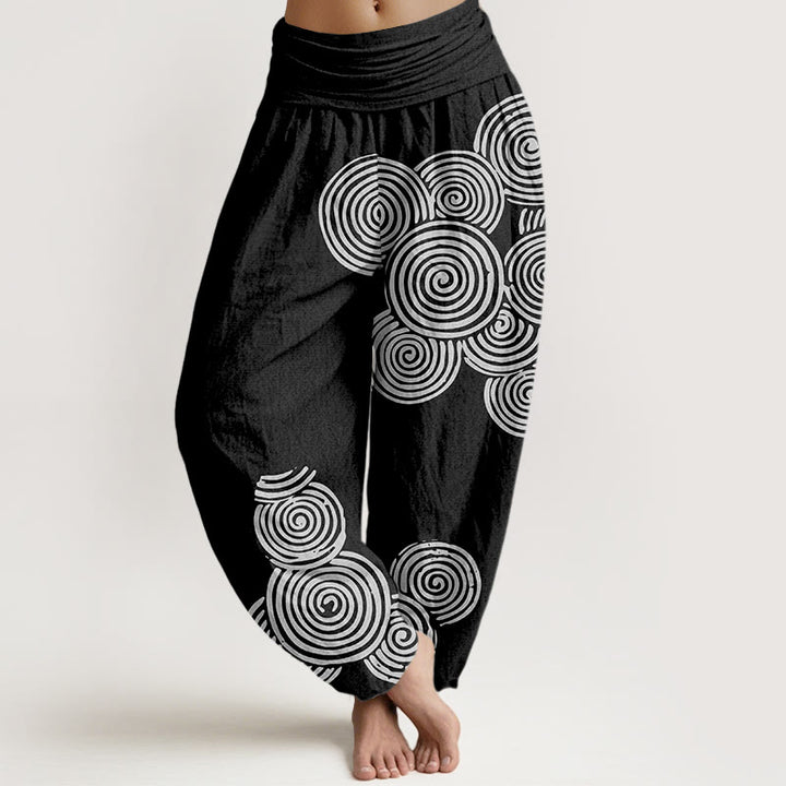 Buddha Stones Printed White Spiral Pattern Women's Elastic Waist Harem Pure Cotton Pants - Black - US16,UK/AU20,EU48 (3XL) - image 5