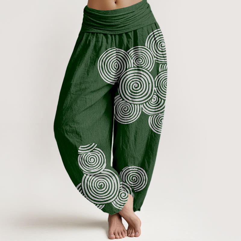 Buddha Stones Printed White Spiral Pattern Women's Elastic Waist Harem Pure Cotton Pants - DarkGreen - US16,UK/AU20,EU48 (3XL) - image 8