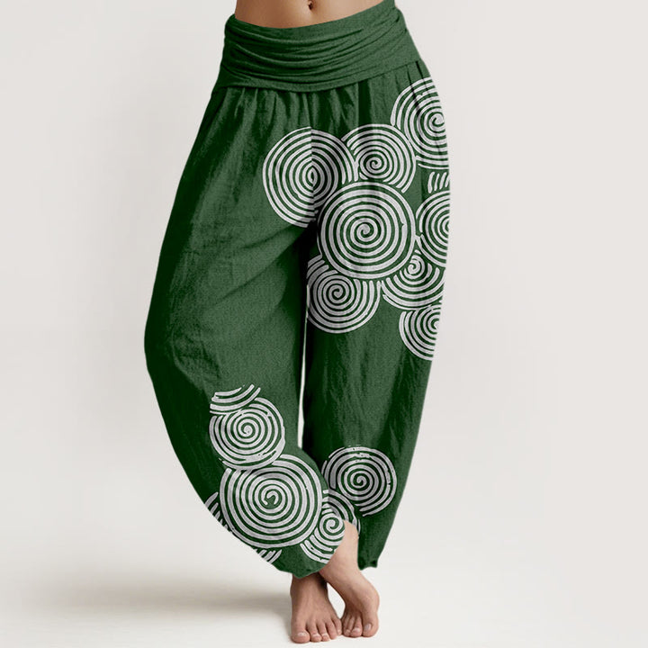 Buddha Stones Printed White Spiral Pattern Women's Elastic Waist Harem Pure Cotton Pants - DarkGreen - US16,UK/AU20,EU48 (3XL) - image 8