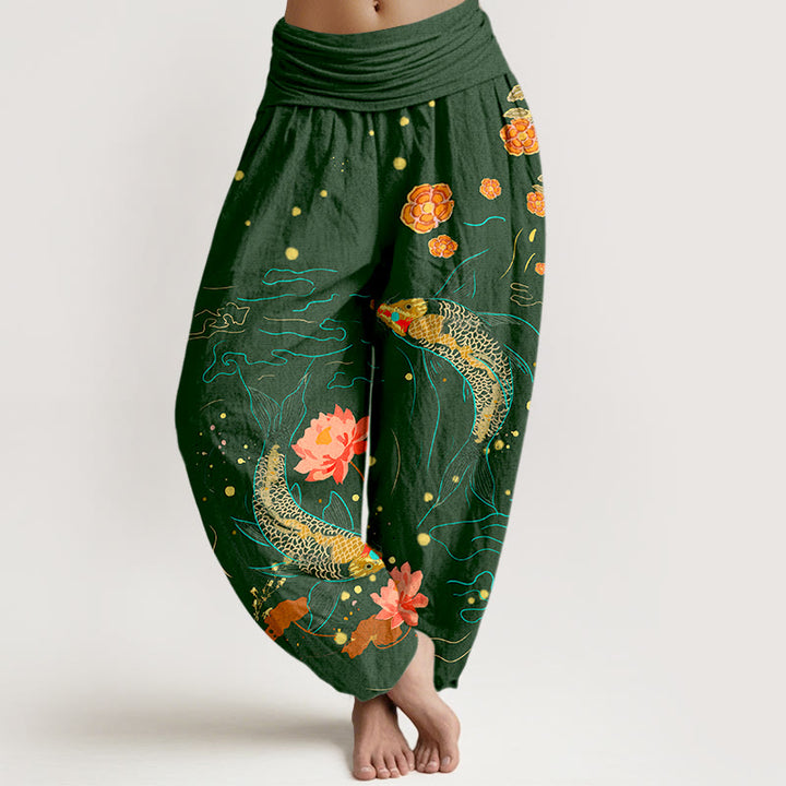 Buddha Stones Koi Fish Lotus Pattern Women's Elastic Waist Harem Pure Cotton Printed Pants - DarkGreen - US16,UK/AU20,EU48 (3XL) - image 8