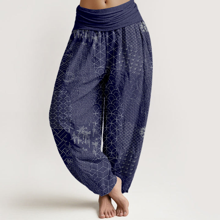 Buddha Stones Geometric Pattern Women's Elastic Waist Harem Pure Cotton Printed Pants - Indigo - US16,UK/AU20,EU48 (3XL) - image 5