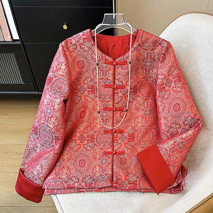 Buddha Stones Women's Jacquard Symmetric Floral Pattern Long Sleeve Cotton Jacket With Pockets - Red - US8-10,UK/AU12-14,EU40-42 (2XL) - image 0