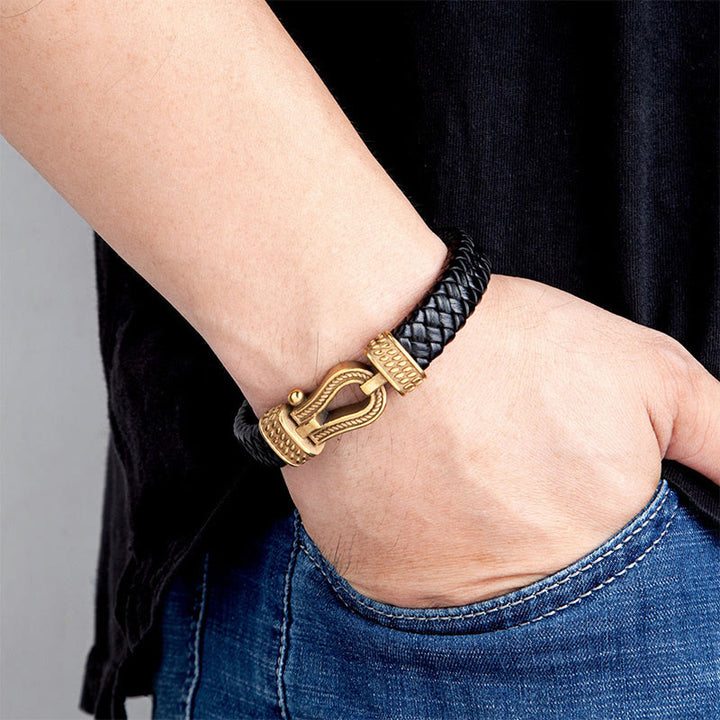 Buddha Stones Leather horseshoe-Shaped Titanium Steel Balance Braided Magnetic Buckle Bracelet - image 5