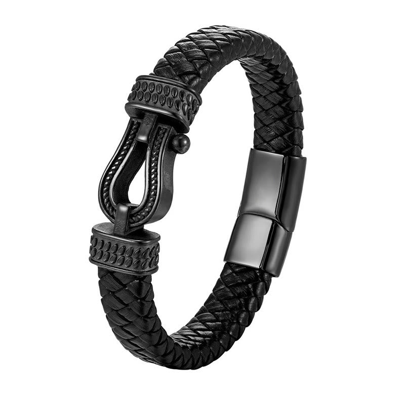 Buddha Stones Leather horseshoe-Shaped Titanium Steel Balance Braided Magnetic Buckle Bracelet - Black & Titanium Steel - 23cm - image 7