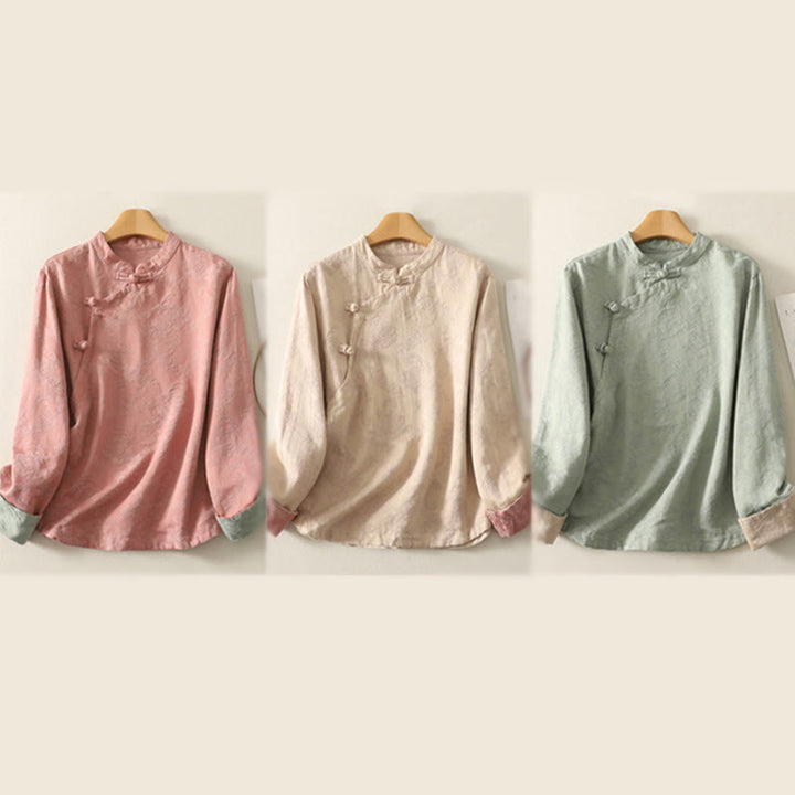 Buddha Stones Spring Plain Jacquard Design Women's Cotton Zen Long Sleeve Shirt - image 23