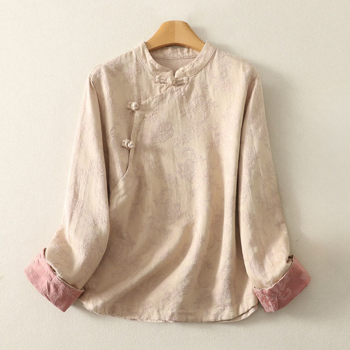 Buddha Stones Spring Plain Jacquard Design Women's Cotton Zen Long Sleeve Shirt - BlanchedAlmond - US8-10,UK/AU12-14,EU40-42 (2XL) - image 5