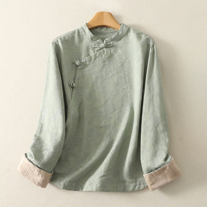 Buddha Stones Spring Plain Jacquard Design Women's Cotton Zen Long Sleeve Shirt - PaleGreen - US8-10,UK/AU12-14,EU40-42 (2XL) - image 0