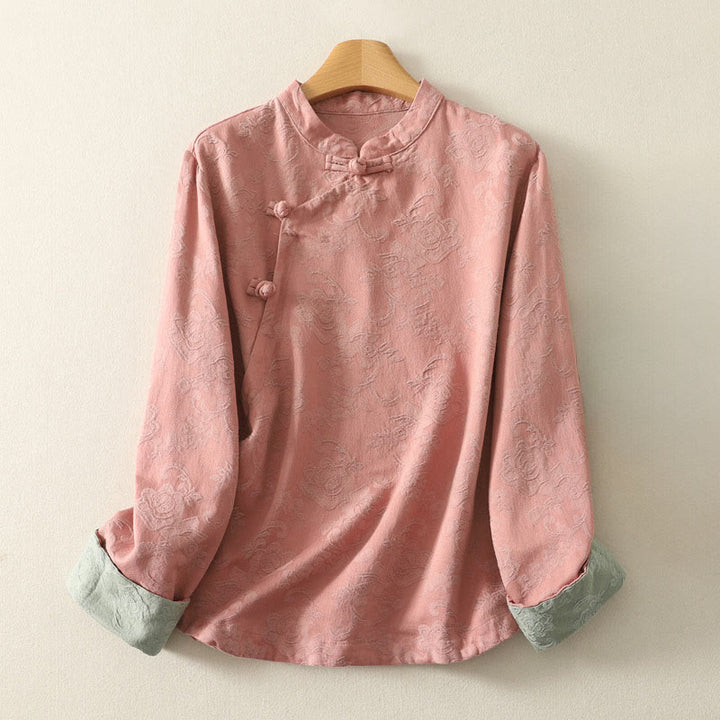 Buddha Stones Spring Plain Jacquard Design Women's Cotton Zen Long Sleeve Shirt - DarkSalmon - US8-10,UK/AU12-14,EU40-42 (2XL) - image 10