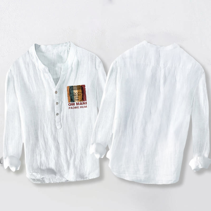 Buddha Stones OM MANI PADME HUM Buddha Pattern Half Buttons Men's Cotton Linen Long Sleeve Shirt - image 8