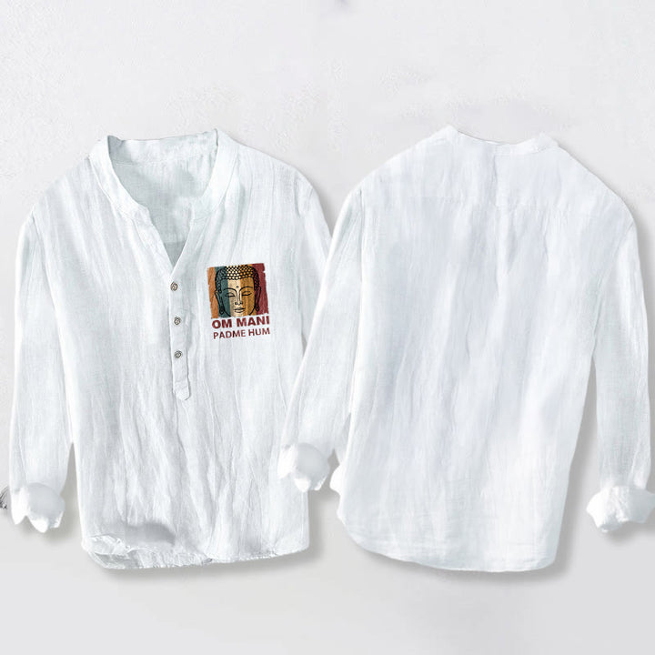 Buddha Stones OM MANI PADME HUM Buddha Pattern Half Buttons Men's Cotton Linen Long Sleeve Shirt - image 8